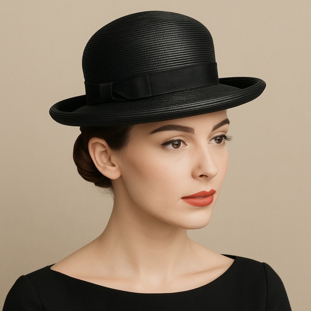 Vintage Georgi Black Straw Bowler Hat Grosgrain Bow 50s Retro Derby‎ Style